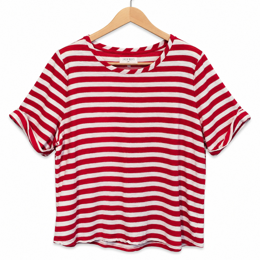 Talbots Tee Womens Plus Size 3X Red White Striped Metallic Short Sleeve Casual